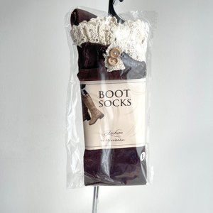 Mirabeau Full Length Boho Brown Knit 2 Button Lace Trim Boot Socks Size 7-10